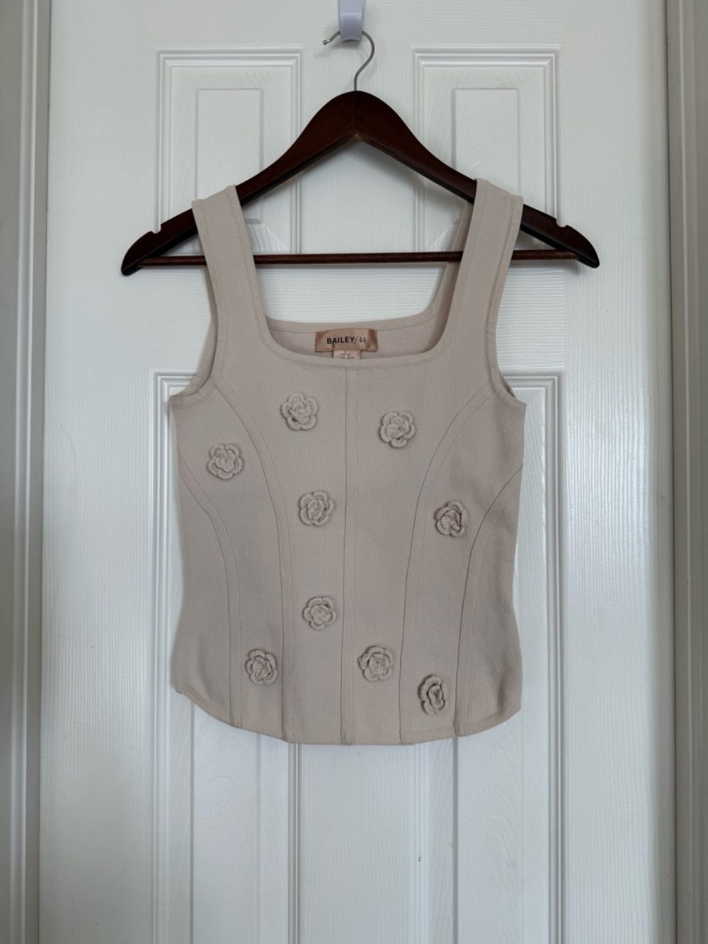 Bailey 44 Tan Square Neck Corset Knit Tank Top with Crochet Flowers Size XS